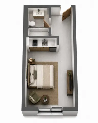 Modern studio layout showcasing a cozy bedroom, compact kitchen, and sleek bathroom for urban living.