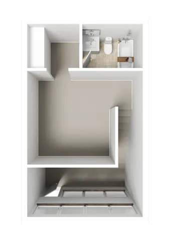 Chic apartment floor plan with an open room and a modern bathroom, featuring ample light from large windows.
