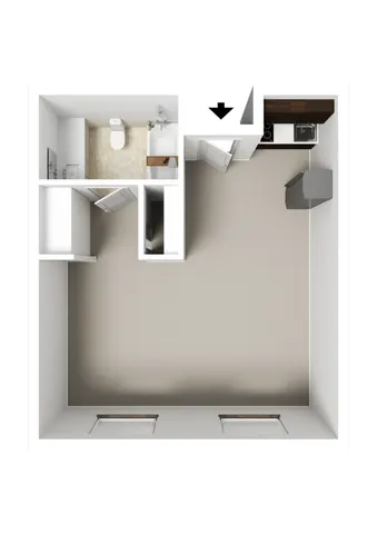 Modern studio apartment floor plan showcasing a spacious open area with integrated kitchen and a stylish bathroom.