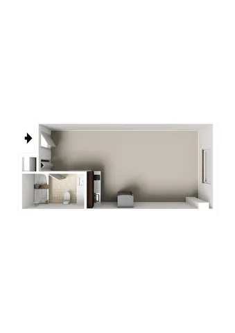 Modern studio apartment floor plan featuring a cozy living area, adjacent kitchen, and compact bathroom.