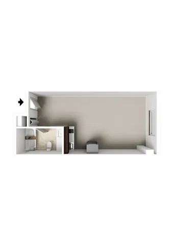 Modern studio apartment layout with a cozy living area, compact kitchen, and stylish bathroom design.