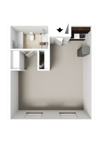 Modern 3D floor plan showcasing a studio apartment with a sleek kitchenette, inviting living space, and a stylish bathroom.