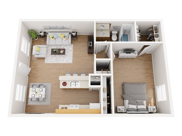 Modern open-concept 3D floor plan with one bedroom, spacious living area, sleek kitchen, and elegant bathroom. Perfect for stylish city living.