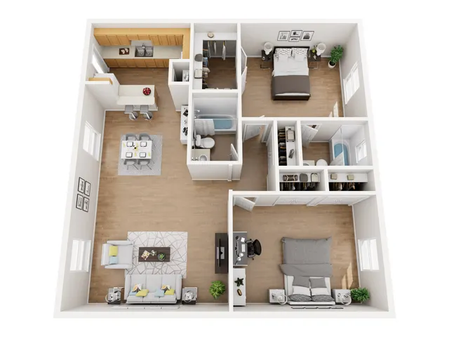 Modern 3D floor plan showcasing 2 spacious bedrooms, a sleek open-concept kitchen, and an inviting living area with elegant decor, perfect for contemporary living.