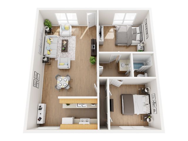 Charming 2D floor plan displaying a cozy 2-bedroom apartment with a modern open-plan living area, sleek kitchen, and a comfortable bathroom.