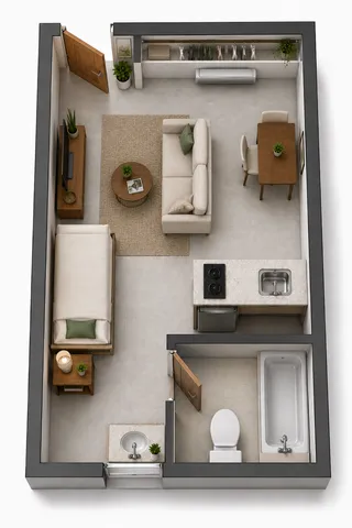 Charming 1-bedroom apartment floor plan showcasing an open living area, compact kitchen, and modern bathroom with thoughtful design.