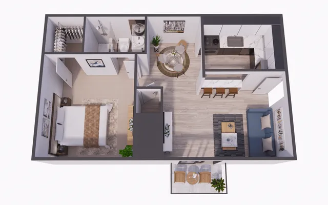 Contemporary 3D floor plan featuring a spacious bedroom, sleek kitchen with island seating, open-concept dining area, cozy living room, modern bathroom, and private balcony.