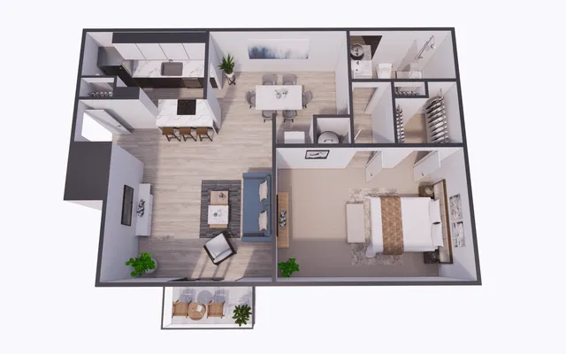 Modern 3D floor plan showcasing an open-concept one-bedroom apartment with a stylish kitchen, cozy living area, elegant dining space, and a spacious bedroom with en-suite bathroom. Includes a welcoming balcony for relaxation.
