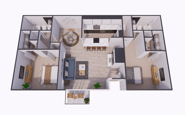 Elegant 3D floor plan featuring two bedrooms, a modern kitchen with a breakfast bar, open-concept living and dining area, and a private balcony.