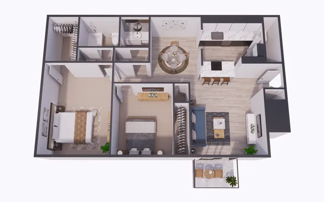 Elegant 3D floor plan showcasing a modern 2-bedroom apartment with open-concept kitchen, inviting living room, and cozy dining area.