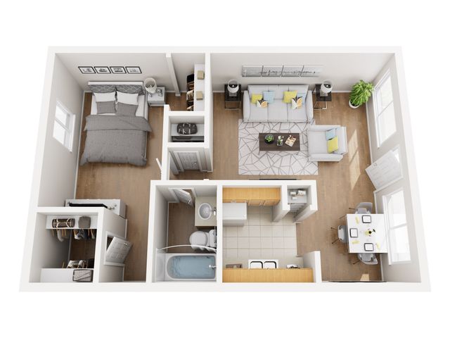 Modern 3D floor plan featuring one bedroom, a cozy living area, and a contemporary kitchen, designed for comfortable urban living.