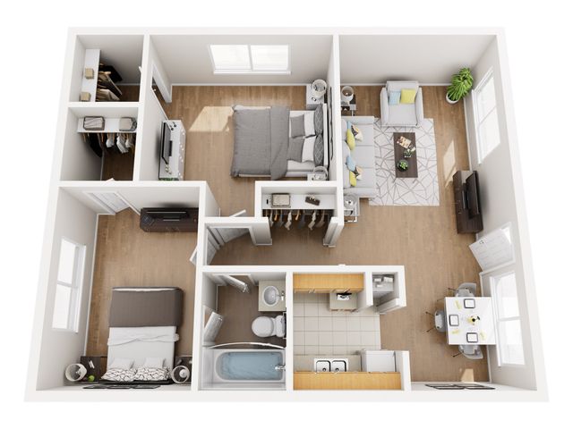 Contemporary apartment floor plan showcasing 2 cozy bedrooms, a stylish open-concept living and dining area, and a modern kitchen with ample storage.