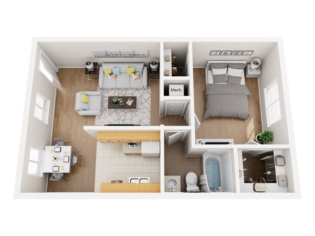Chic 1-bedroom apartment floor plan showcasing a cozy living area, modern kitchen, and well-appointed bathroom with elegant wood flooring.
