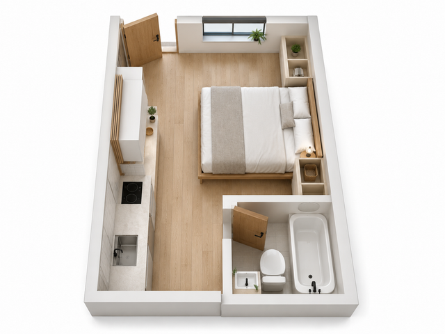 Modern apartment floor plan featuring a cozy bedroom, sleek kitchenette, and compact bathroom, all with stylish wood accents.