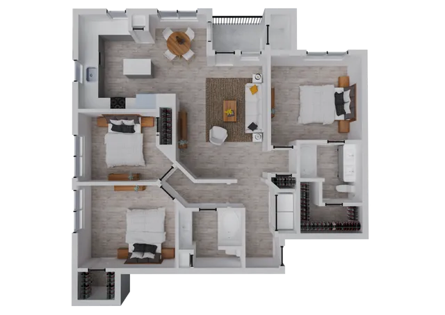 Elegant floor plan showing three bedrooms, a stylish living area, and a modern kitchen with dining space.