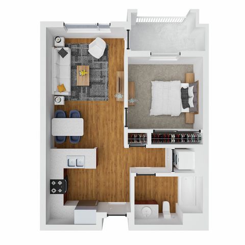 Modern 1-bedroom apartment floor plan with open-concept living area, sleek kitchen, and stylish bathroom.
