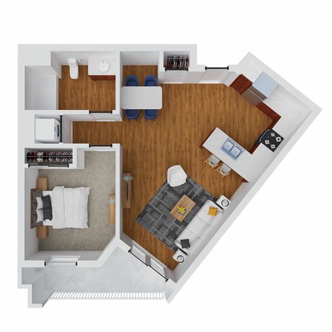 Modern open-concept apartment floor plan featuring one bedroom, a stylish living area, and a sleek kitchen with a breakfast bar.