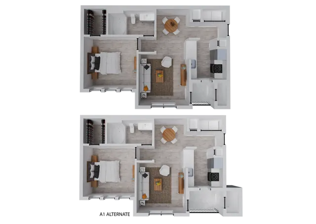 Modern 2D floor plan featuring two identical apartments, each with one bedroom, an open living and dining area, and a sleek kitchen.