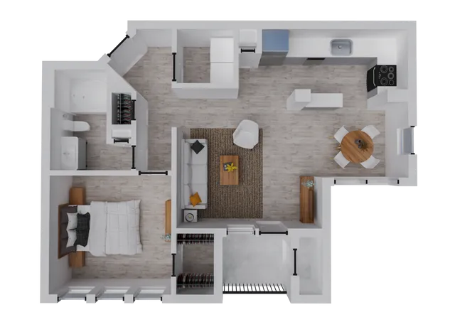 Modern 1-bedroom apartment floor plan with spacious living area, stylish kitchen, and cozy bathroom.