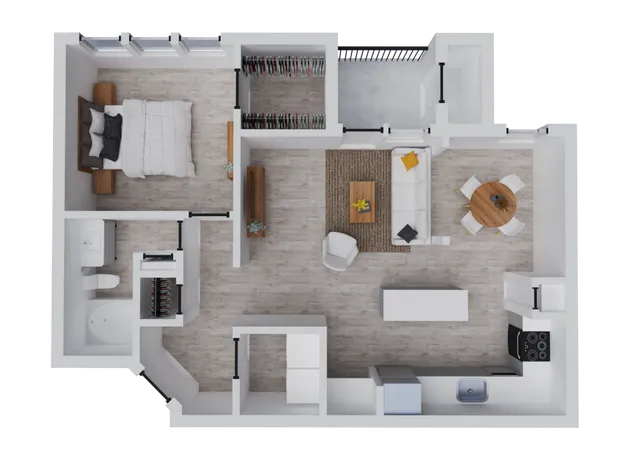 Inviting open-concept floor plan featuring a cozy bedroom, modern bathroom, spacious living area with stylish furniture, and a sleek kitchen with dining space.
