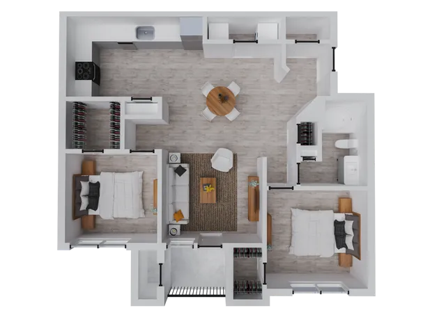 Modern floor plan featuring 2 spacious bedrooms, an open living and dining area, sleek kitchen, and a stylish bathroom.