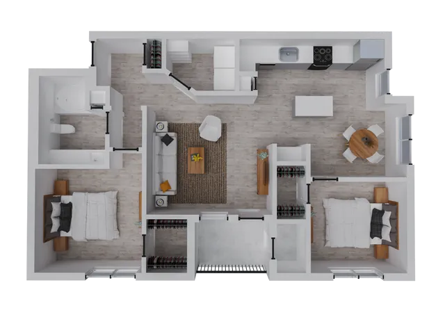 Modern 2D floor plan showcasing 2 cozy bedrooms, a spacious living room, sleek kitchen, and elegant bathroom.