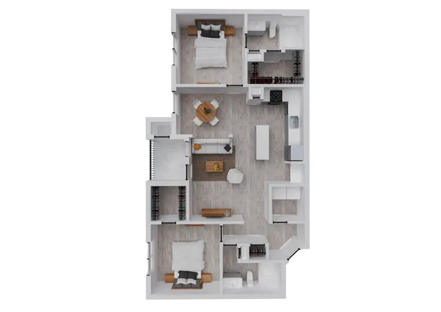 Contemporary 2D floor plan showcasing a stylish 2-bedroom layout with an open-concept living space, modern kitchen, and two elegant bathrooms.