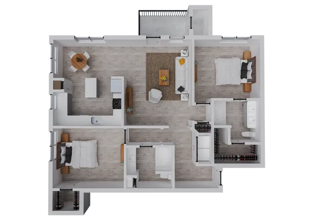 Contemporary floor plan showcasing 2 bedrooms, open-concept living room, modern kitchen, and cozy dining area.