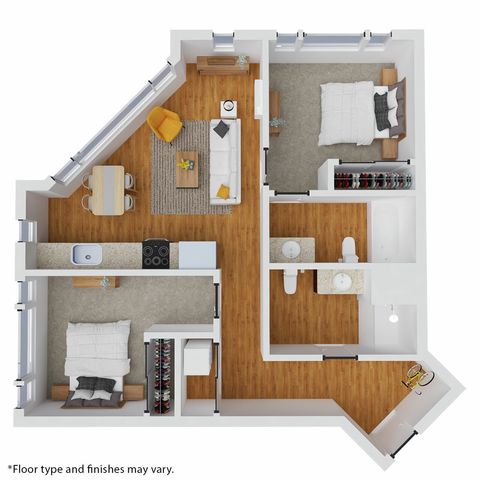Modern 3D floor plan featuring 2 spacious bedrooms, open-concept living and dining area, sleek kitchen, and elegant bathrooms. Ideal urban living space with wooden flooring and abundant natural light.
