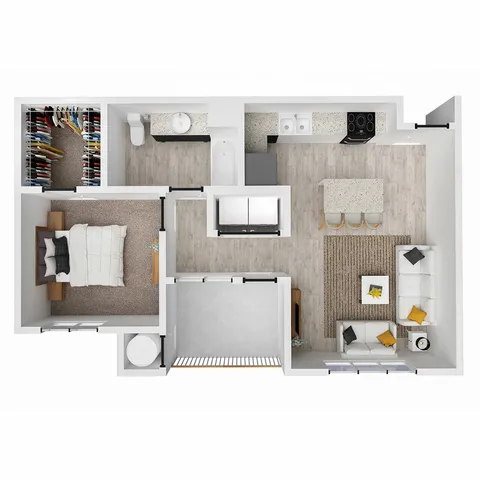 Contemporary 1-bedroom floor plan with open living-dining area, stylish kitchen, and a spacious walk-in closet.