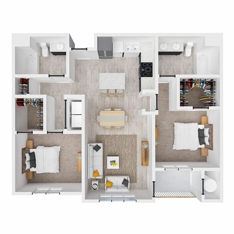 Modern floor plan featuring two spacious bedrooms, a stylish open-concept living and dining area, a contemporary kitchen, and two bathrooms with ample closet space.