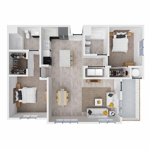 Modern 3D floor plan showcasing 2 spacious bedrooms, open-concept kitchen and dining, elegant living room, and a private balcony.