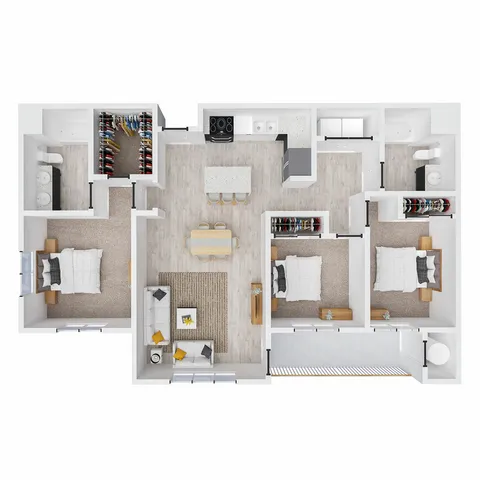 Contemporary open-concept floor plan featuring 3 bedrooms, 2 bathrooms, a spacious kitchen with island, and a cozy living area.