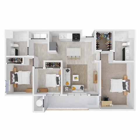 Contemporary floor plan showcasing 3 bedrooms, a sleek kitchen with island seating, and a cozy open living area.