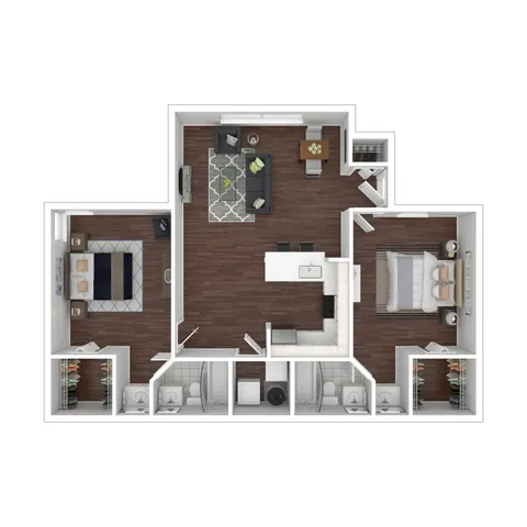 Modern 3D floor plan showcasing 2 bedrooms, elegant living area, sleek kitchen, and dual bathrooms with stylish hardwood flooring.