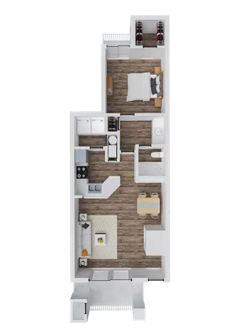 Modern floor plan showcasing a single bedroom, open-concept living and dining area, stylish kitchen, and contemporary bathroom.