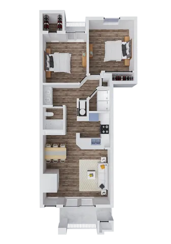Modern 2D floor plan showcasing 2 cozy bedrooms, elegant bathroom, open kitchen, and inviting living area with a sleek dining space.