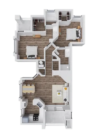 Elegant 3D floor plan showcasing 2 spacious bedrooms, modern kitchen, and open living-dining area with stylish wood flooring.