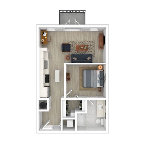 Modern apartment floor plan showcasing a spacious 1-bedroom with an open-concept living area, stylish kitchen, cozy living room, and a balcony.