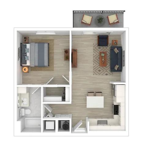 Chic floor plan featuring a modern 1-bedroom layout with open-concept living and dining area, stylish kitchen, cozy bathroom, and private balcony.