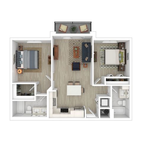 Modern 2D floor plan featuring two spacious bedrooms, an open living and dining area, sleek kitchen, and private balcony with seating.