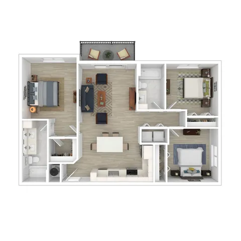 Modern 3D floor plan showcasing a stylish 3-bedroom apartment with a spacious open-concept living room, sleek kitchen, and private balcony for relaxation.