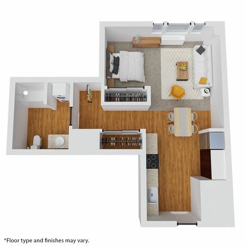 Modern L-shaped apartment floor plan with elegant hardwood flooring, featuring a spacious bedroom, cozy living area, stylish kitchen, and a luxurious bathroom.