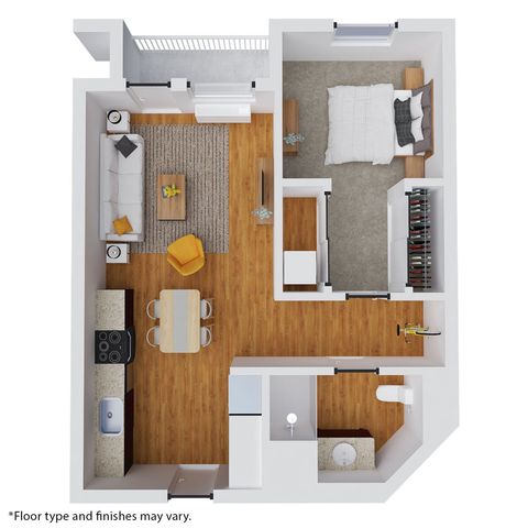 Modern 2D floor plan featuring a spacious bedroom, cozy living room, sleek kitchen, and private balcony.