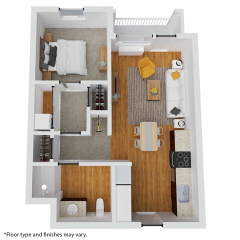 Modern 1-bedroom apartment floor plan with an open-concept living room, a cozy kitchen, and a private balcony.