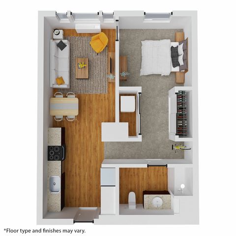 Modern open-concept floor plan featuring a cozy bedroom, inviting living area, and practical kitchen space with sleek wooden flooring.