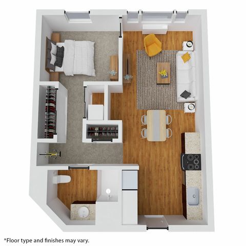 Modern 1-bedroom apartment layout with an open-concept living area, sleek kitchen, and cozy lounging space.