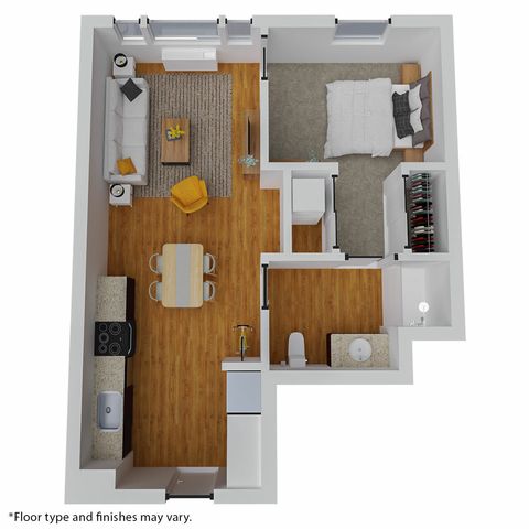 Bright and modern 1-bedroom apartment floor plan featuring an open-concept living area, stylish kitchen, and cozy bedroom with ample closet space.