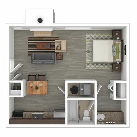 Modern 3D floor plan showcasing a cozy open-concept living area, dining space, and a private bedroom with stylish decor.