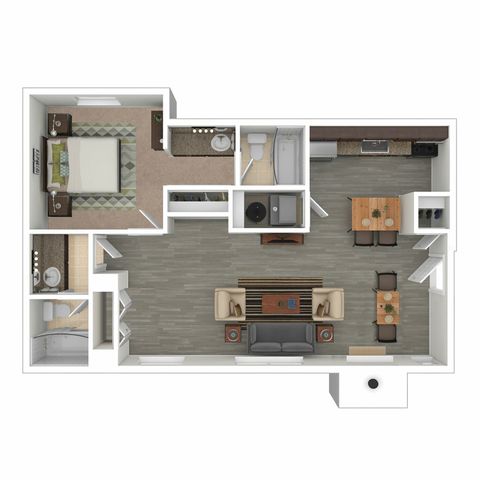Modern floor plan showcasing a spacious 1-bedroom layout, elegant kitchen, and inviting open-concept living and dining area.
